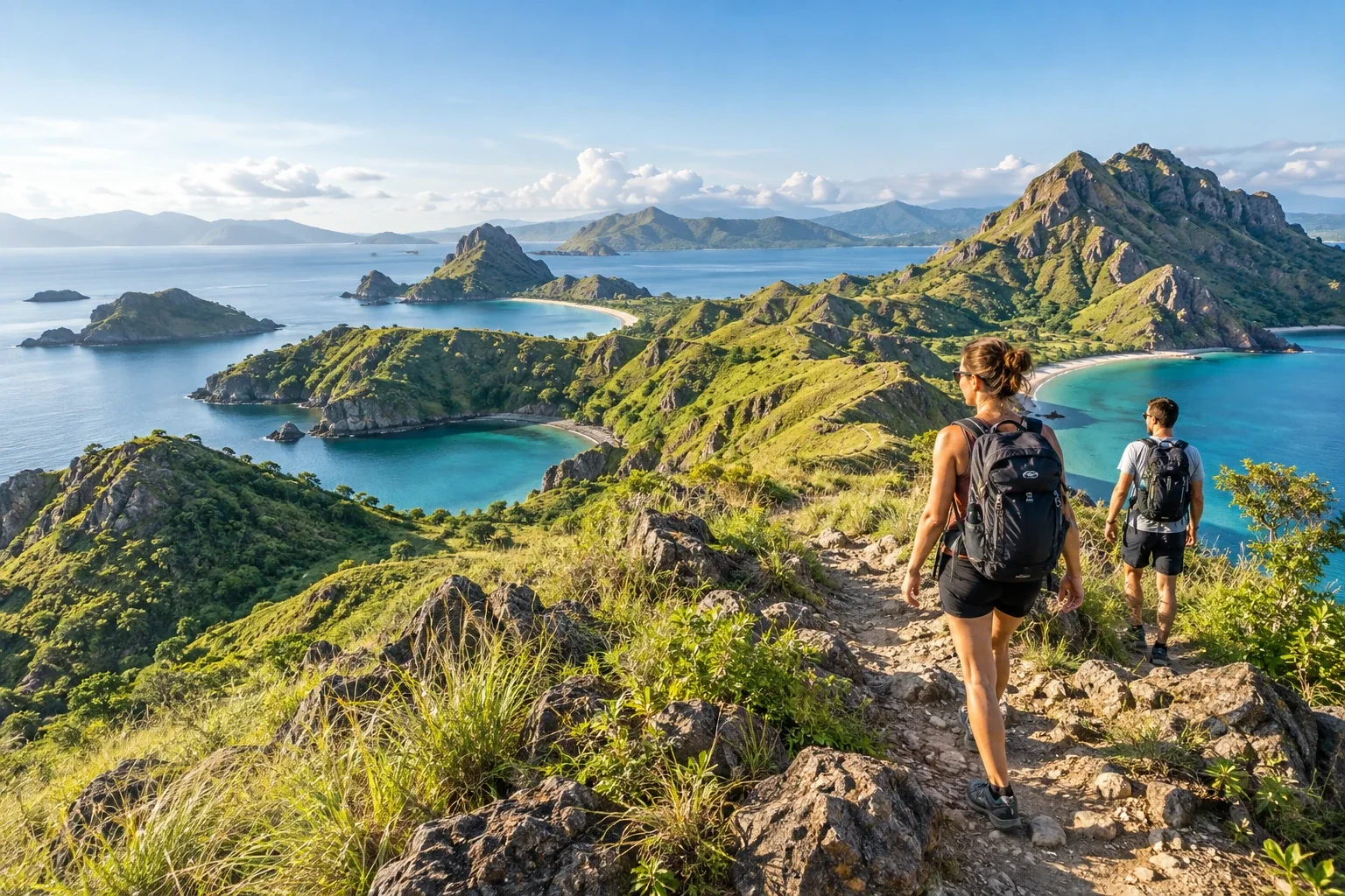 Travellers hiking above a tropical island coastline