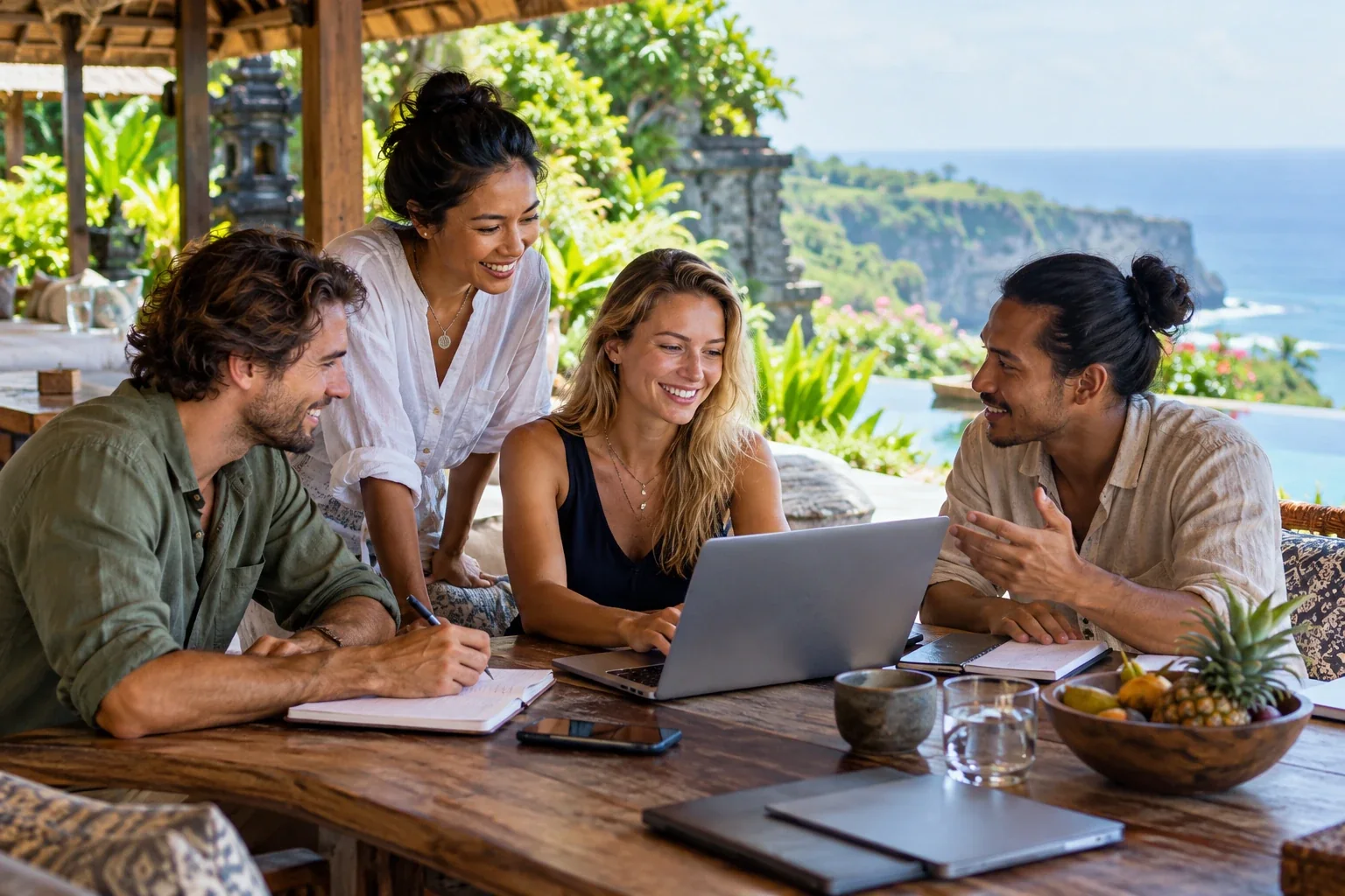 Colleagues planning a trip together at a tropical resort