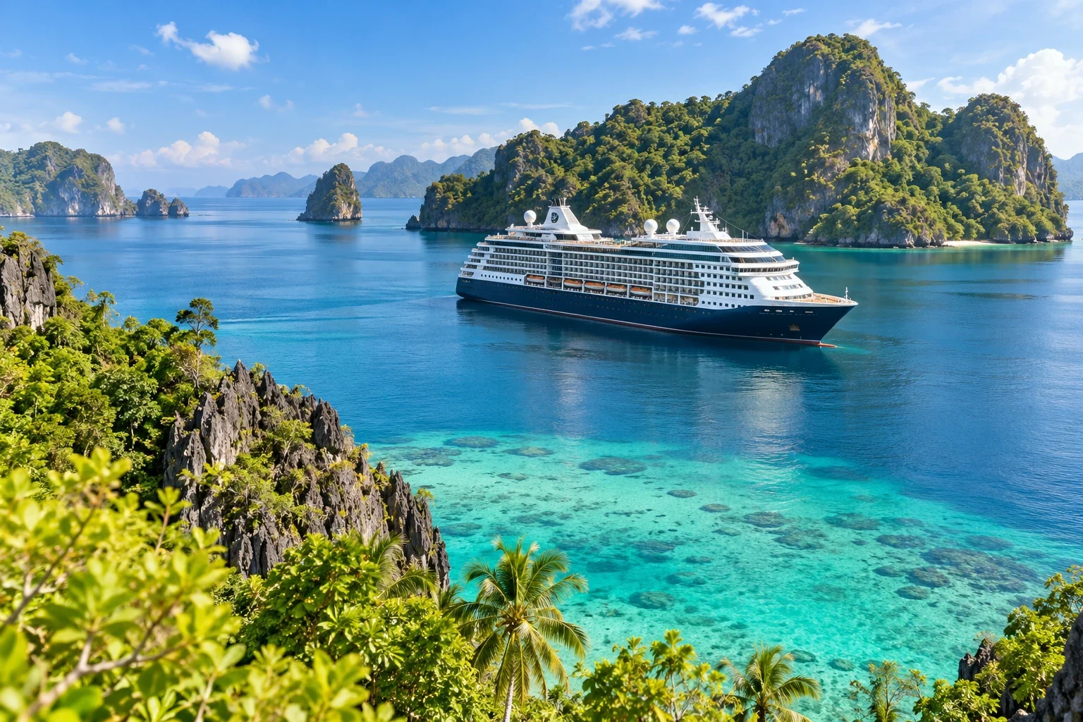 Cruise ship sailing between tropical limestone islands