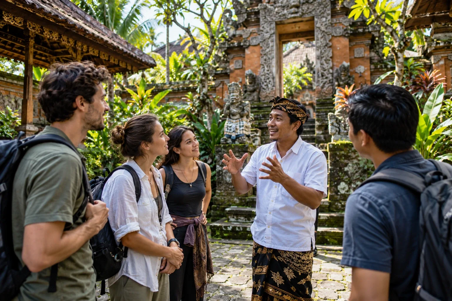 Students listening to a guide at a Balinese temple