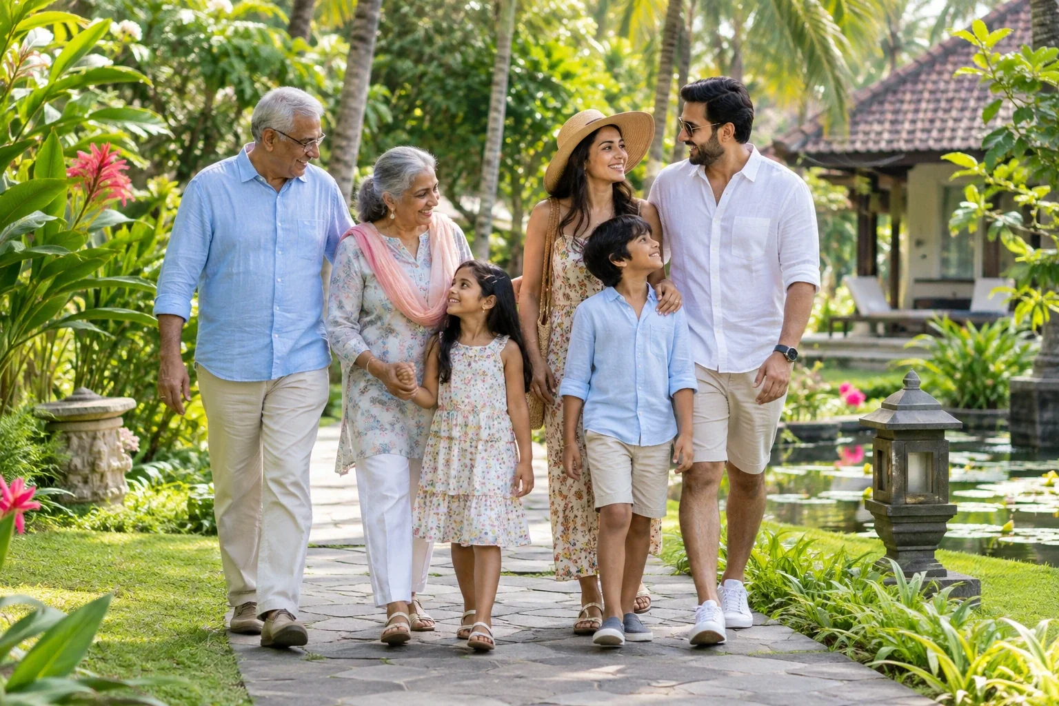 A multigenerational family walking through tropical resort gardens