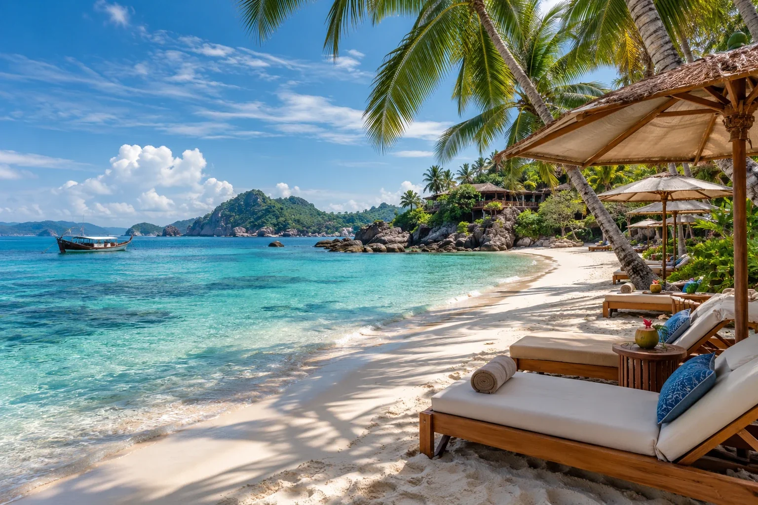 Beach loungers beside a turquoise tropical bay