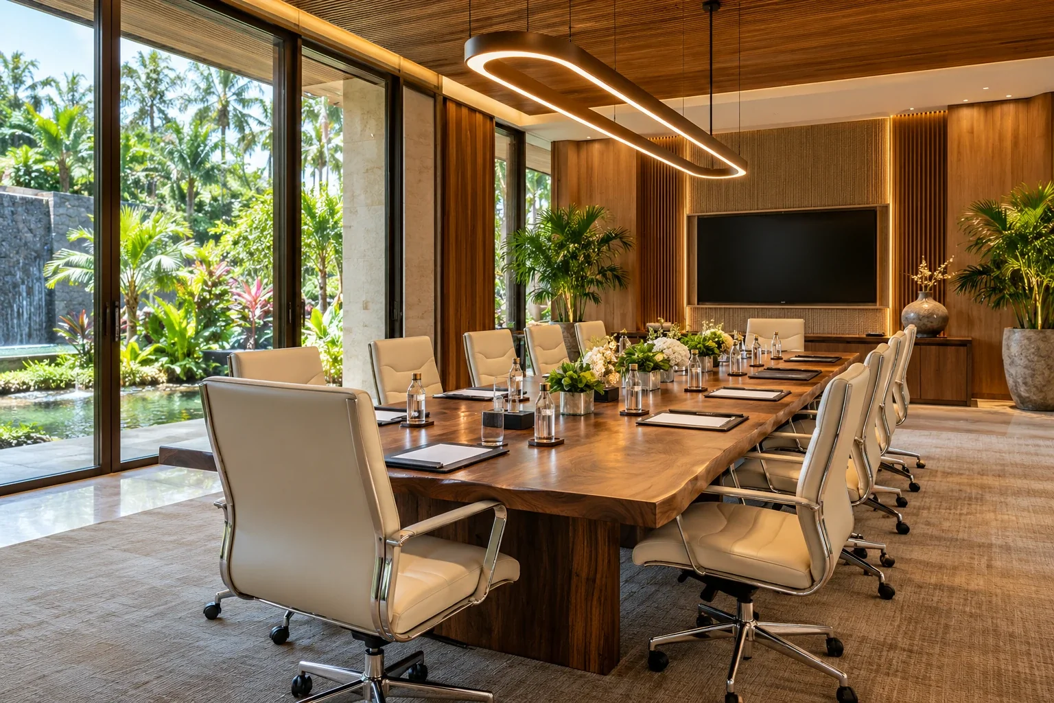 Conference room overlooking a tropical resort garden