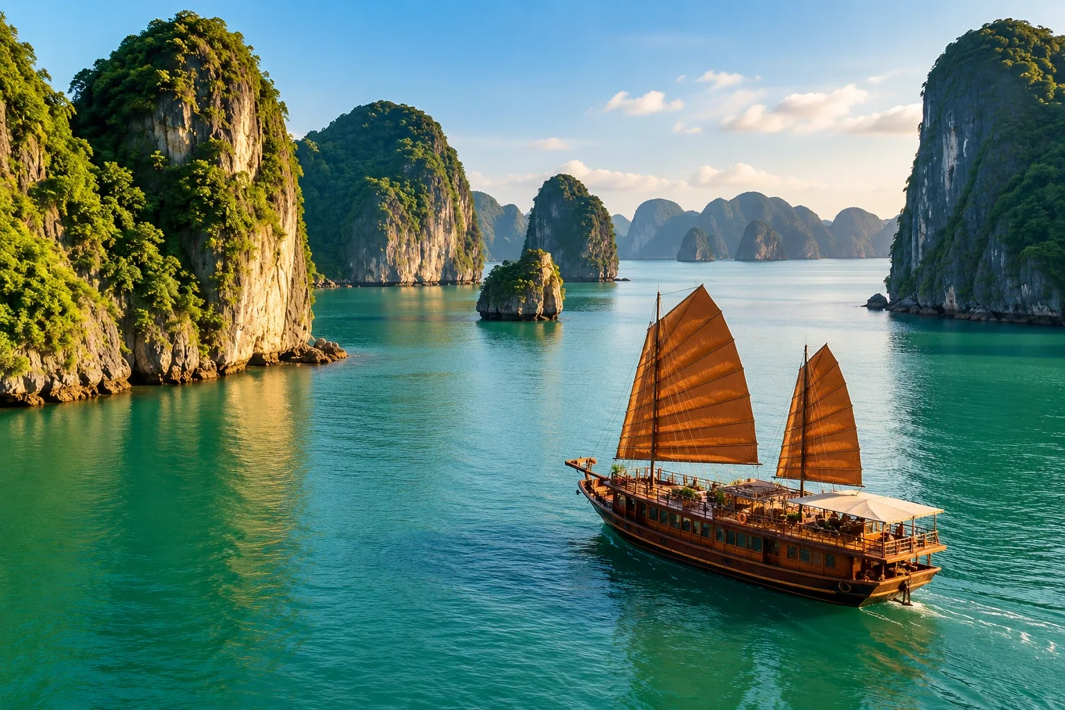 Traditional boat sailing through a limestone island bay