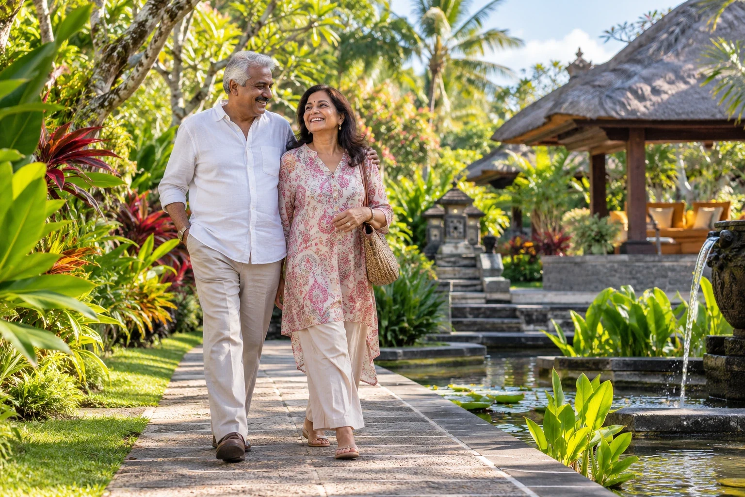 An older couple walking through tropical gardens