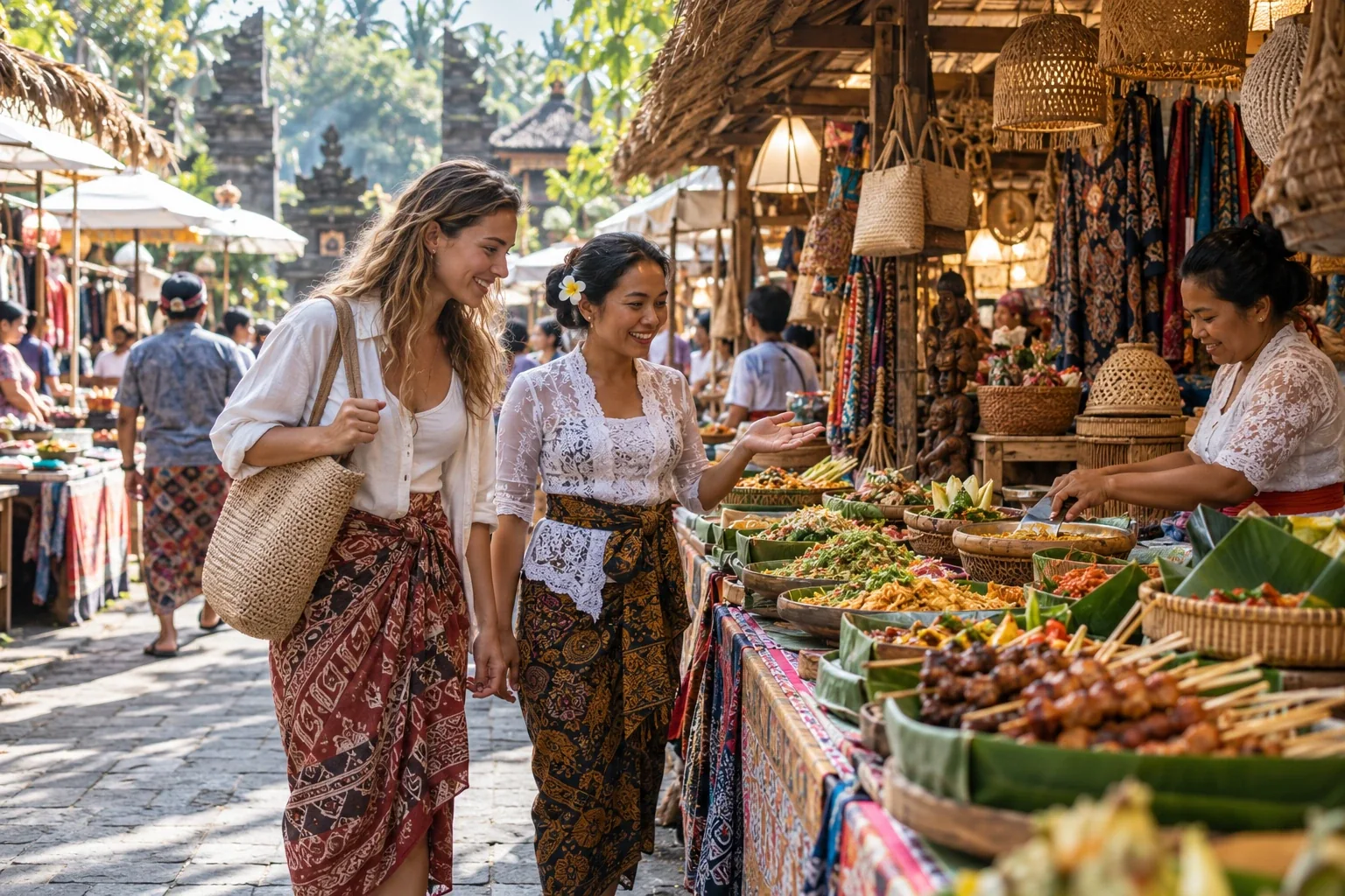Travellers exploring a local food market