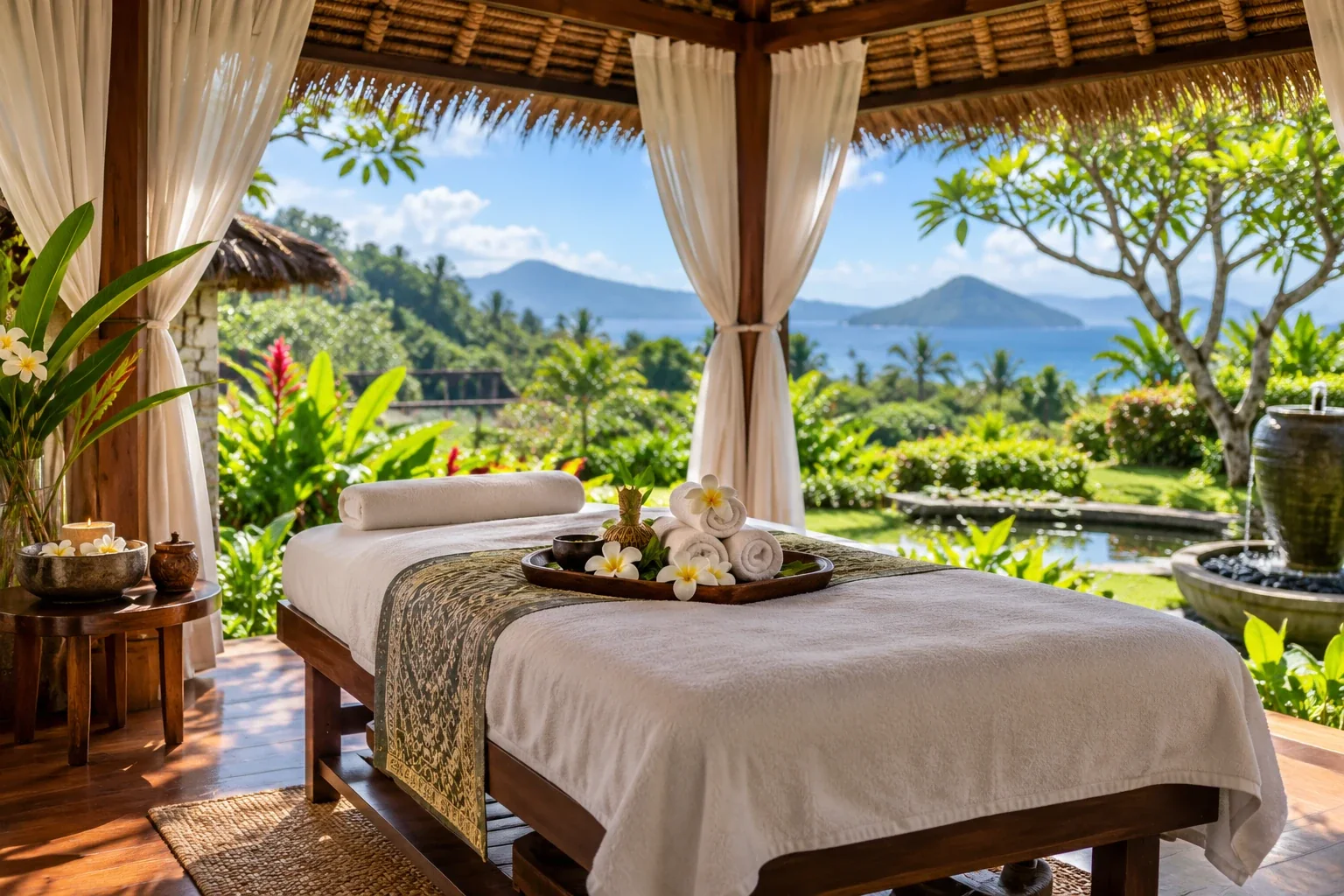 Outdoor spa treatment space overlooking tropical scenery