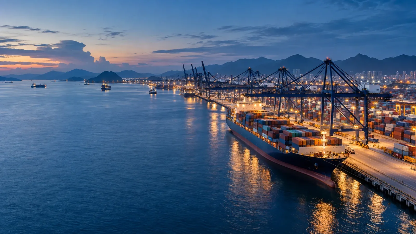 Container ships and port cranes at dusk